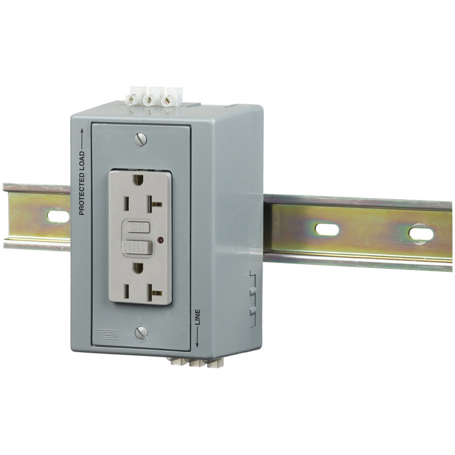 DIN Rail Utility Box, Complete Unit- GFCI, DIN Rail Box, 20A GFCI, Gray