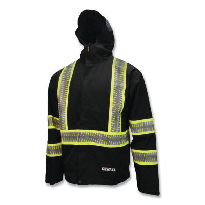 DRW11 Waterproof Lightweight Packable Raincoat, Polyester, Black w/Reflective Stripe, 30 in L, X-Large