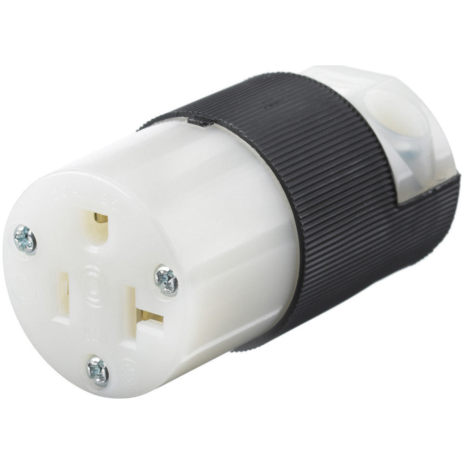 Insulgrip Straight Blade Connector, 20A, 125V, 2P3W, Enclosed Terminals, Cord Dia. 0.230 to 0.720 in., Black/White