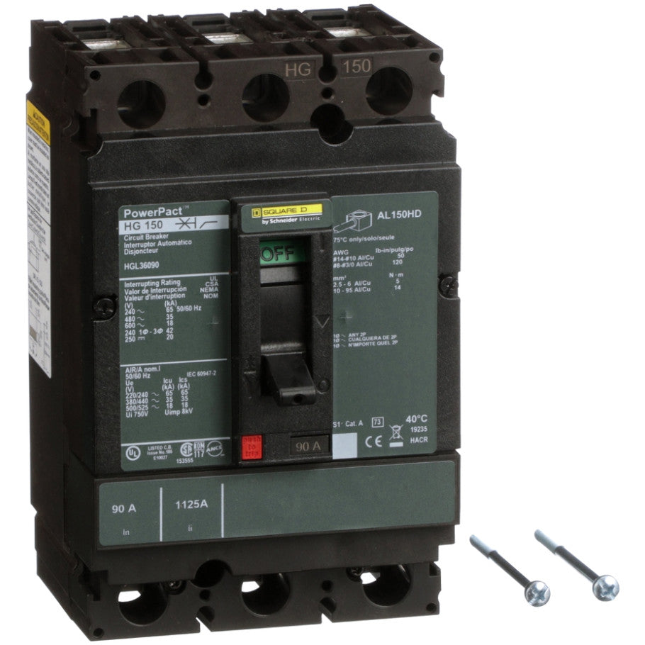 PowerPact Molded Case Circuit Breaker, H-Frame, Unit Mount, 18 kA, 600V, 3-Pole, 90A