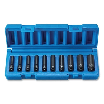 Impact Socket Set, 1/4 in Dr, SAE, 6s-point, 3/16 in to 9/16 in, 10-Pc Deep Length Surface Dr