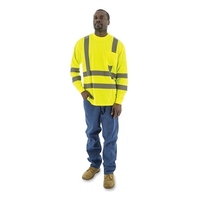 High Visibility Short/Long Sleeve Shirt, Long Sleeve, 100% Birds Eye Mesh Polyester, Yellow, Large