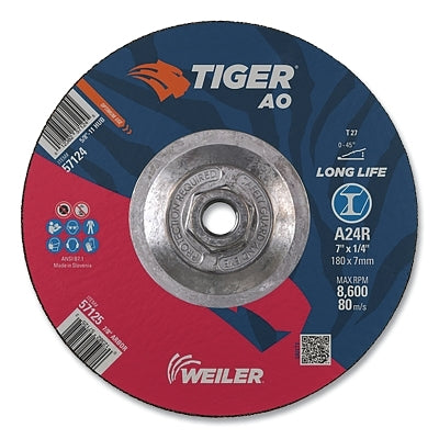 Tiger AO Grinding Wheel, 7 in dia x 1/4 in Thick, 5/8 in-11 UNC Arbor, A24R, Type 27