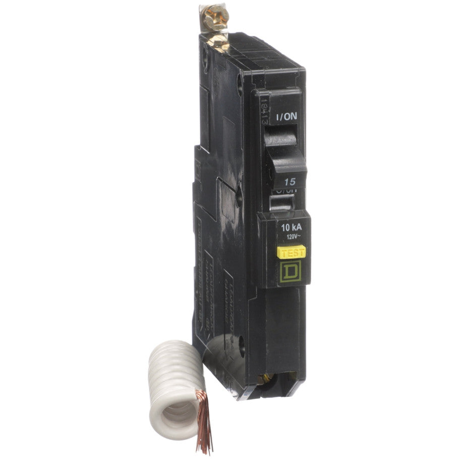 Mini circuit breaker, QO, 15A, 1 pole, 120VAC, 10kA, bolt on, 6mA grd fault A, pigtail  TAA