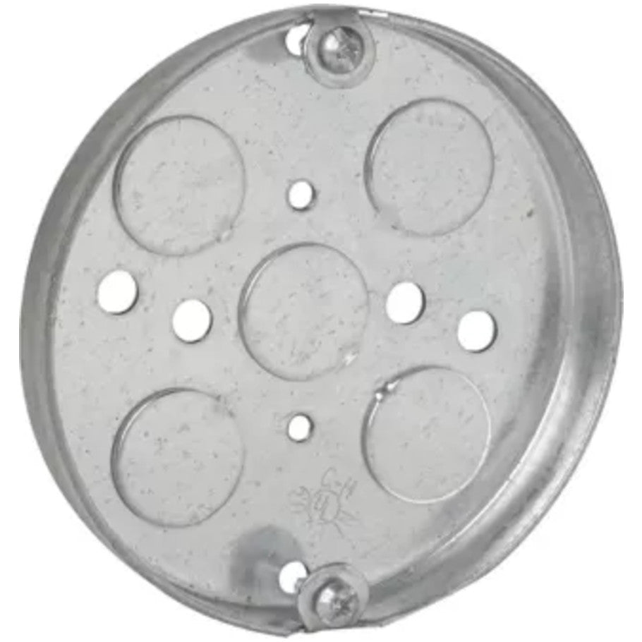 Round 4 in. Dia. Ceiling Pan, Steel, Fixture Rated, 1/2 in. D, (5) 1/2 in. Bottom KO