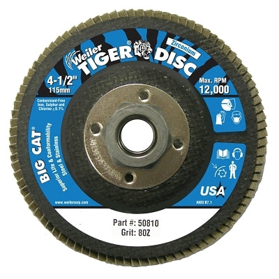 Tiger Big Cat High Density Flap Disc, 4-1/2 in dia, 80 Grit, 5/8 in-11, 12000 RPM, Type 27