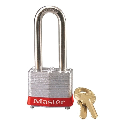 No. 3 Laminated Steel Padlock, 9/32 in dia, 5/8 in W x 2 in H Shackle, Silver/Red, Keyed Different, Varies