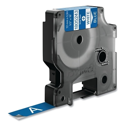 Industrial Rhino Vinyl Label Cartridge, 1/2 in W x 18 ft L, White Print on Blue Background