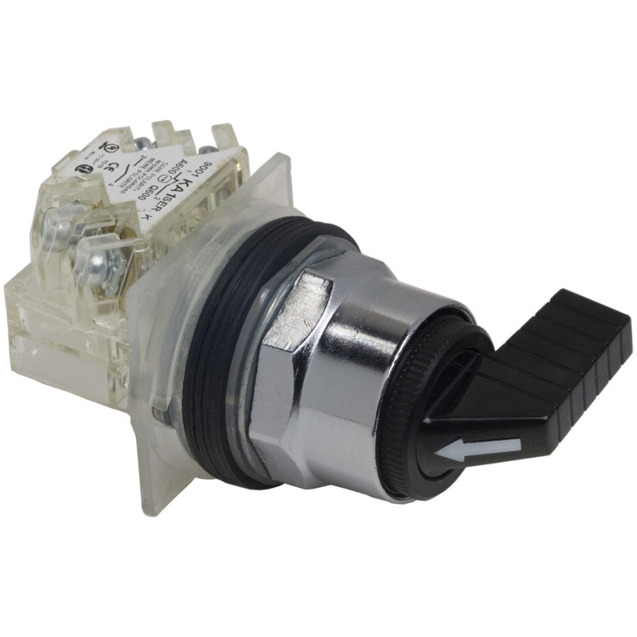 Harmony 9001K Series 30 mm Selector Switch, Chromium Plated Metal, 600V ac, Spring Return, 1NO/1NC, 3-Position, Black