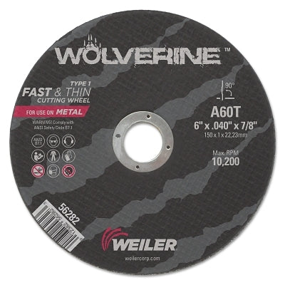 Wolverine Cut-Off Wheel, Type 1, AO, 6 in dia x 7/8 in Arbor x 0.040 in Thick, 60T, 1 EA/EA