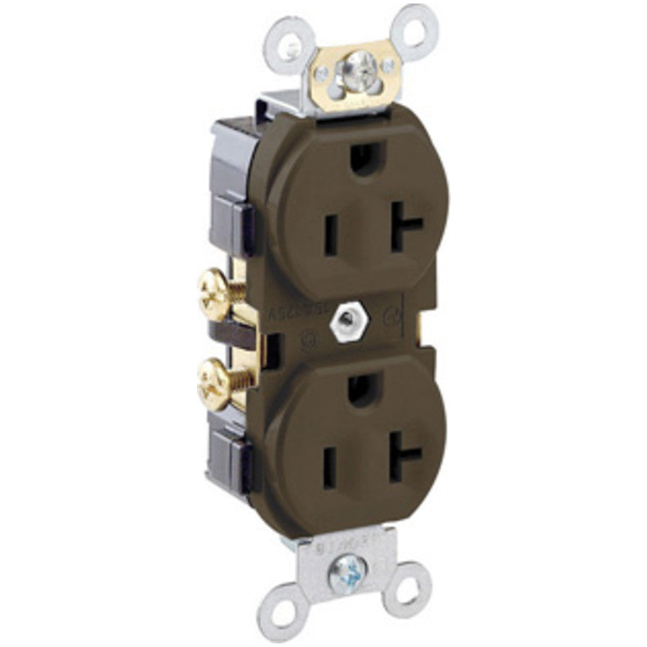 Commercial Grade Straight Blade Duplex Receptacle, 20A, 125V, 2P3W, NEMA 5-20R, Narrow Body, Self-Grounding, Side Wired, Brown
