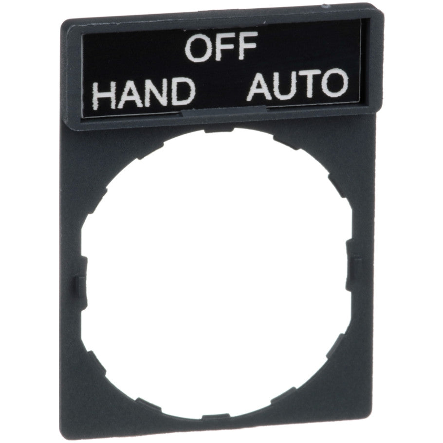 Black/Red Standard 30 x 40mm Legend Holder, White Letters, "HAND-OFF-AUTO" Marking