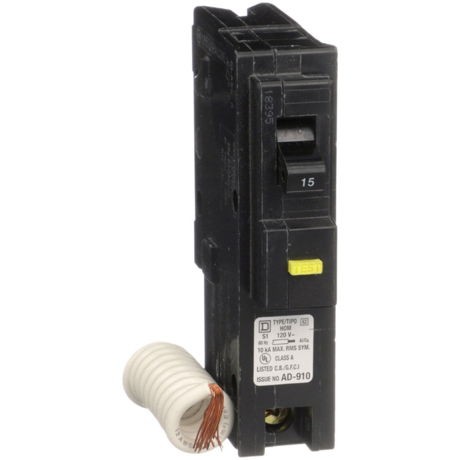 Mini circuit breaker, Homeline, 15A, 1 pole, 120VAC, 10kA AIR, ground fault class A, plug in, UL  TAA