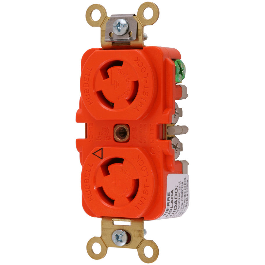 Twist-Lock Duplex Receptacle, Isolated Ground, 15A, 125V, 2P3W, NEMA L5-15R, Orange