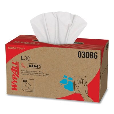 WypAll L30 Wipers, White, 10 in W x 10.8 in L, 120 Sheet, Pop-Up Box
