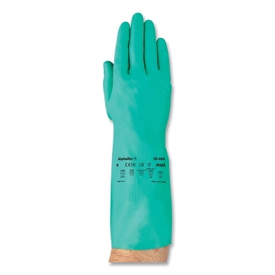 Reusable Nitrile Work Gloves, Gauntlet Cuff, Size 9, Green, 11 mil Palm
