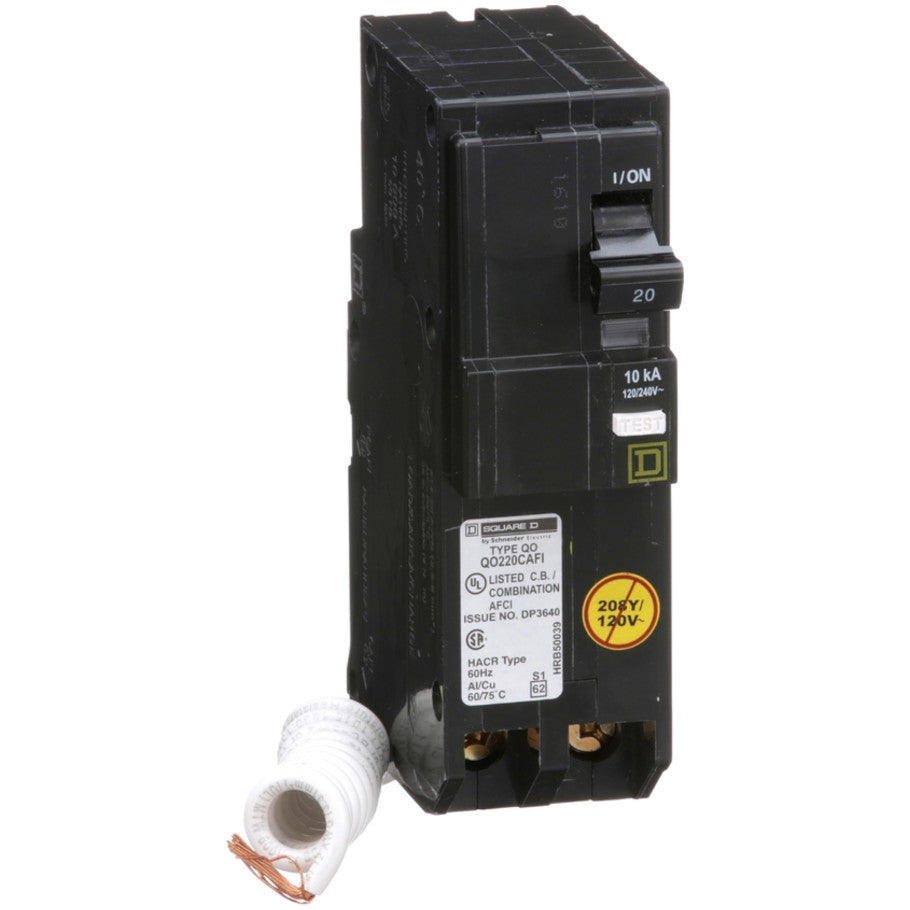 Mini circuit breaker, QO, 20A, 2 pole, 120/240VAC, 10kA, plug in, combo ARC fault, pigtail  TAA