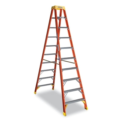Fiberglass Twin Stepladder, T6210, Type IA, 10 ft L, 14 ft Reach, 30.36 in W, 300 lb Load Capacity Per Side, Orange