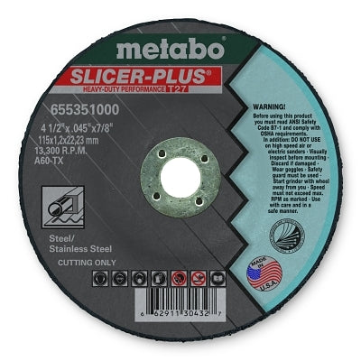 Slicer Plus Cutting Wheel, Type 27, 4 1/2 in Dia, .045 in Thick, 60 Grit