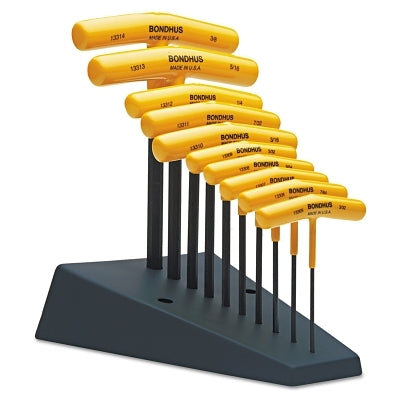 T-Handle Hex Tool Set, 10 per Stand, Hex Tip, Inch, 3/32 in to 3/8 in