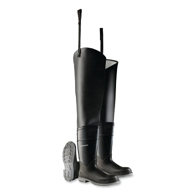 Hip Waders, Steel Toe, Men's 8, 32 in Inseam, Polyblend/PVC, Black