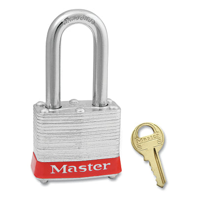 No. 3 Laminated Steel Padlock, 9/32 in dia, 5/8 in W x 2 in H Shackle, Silver/Red, Keyed Alike, Keyed 2541