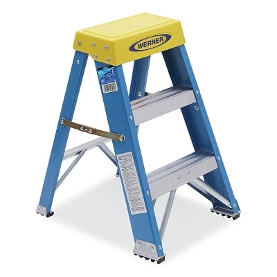 Fiberglass Stepladder, 6002, Type I, 2 ft L, 17.28 in W, Single-Sided, 250 lb Load Capacity, Blue/Yellow