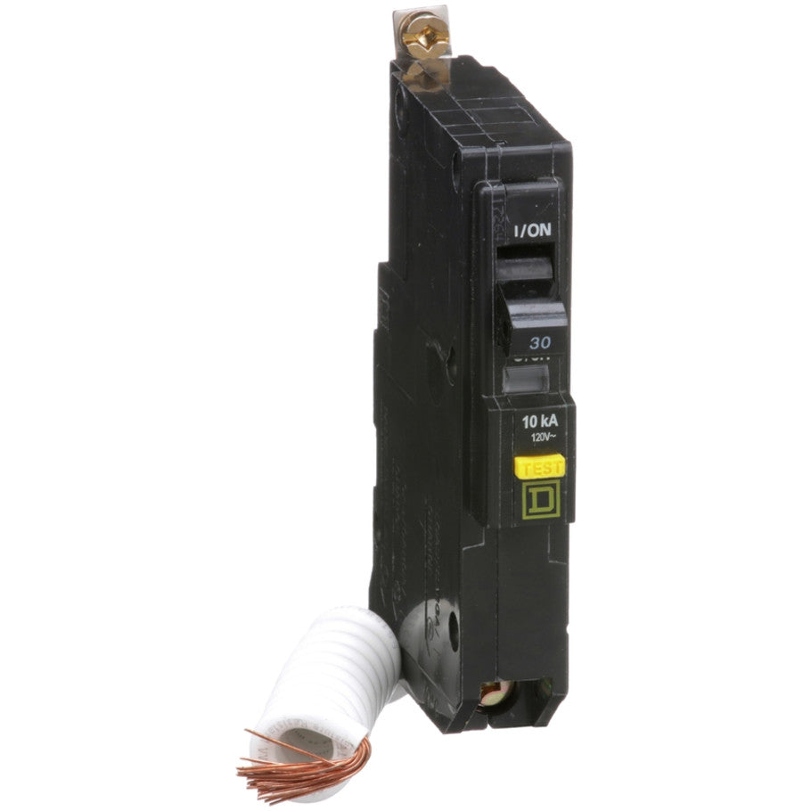 Mini circuit breaker, QO, 30A, 1 pole, 120VAC, 10kA, bolt on, 6mA grd fault A, pigtail  TAA