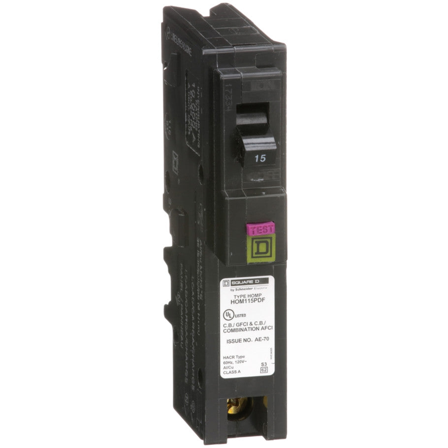 Mini circuit breaker, Homeline, 15A, 1 pole, 120VAC, 10kA AIR, combo ARC/ground fault, plug on neutral, plug in, UL  TAA