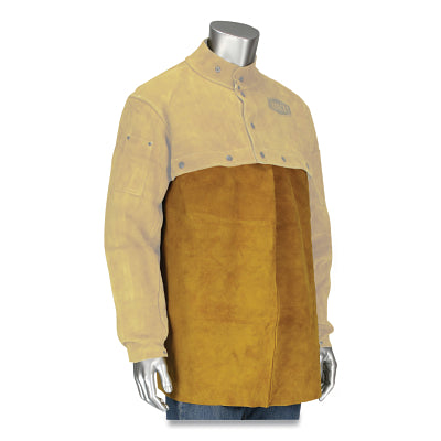7001 Split Cowhide Leather Welding Bib, 24 in W x 17 in L, Cotton Strap/Snaps, Size 14 in, Golden Yellow