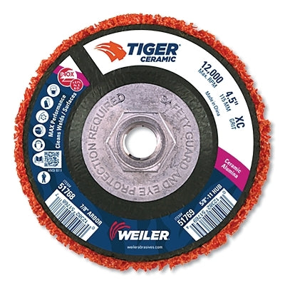 Tiger Strip Disc, 4.5 in dia, 5/8 in - 11 UNC Nut, X-Coarse, 12000 RPM, Ceramic, Orange