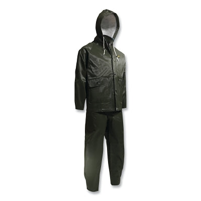 Webtex 3-Pc Rain Suit with Hooded Jacket/Bib Overalls, 0.65 mm Thick, Heavy-Duty Ribbed PVC, Olive Green, Large