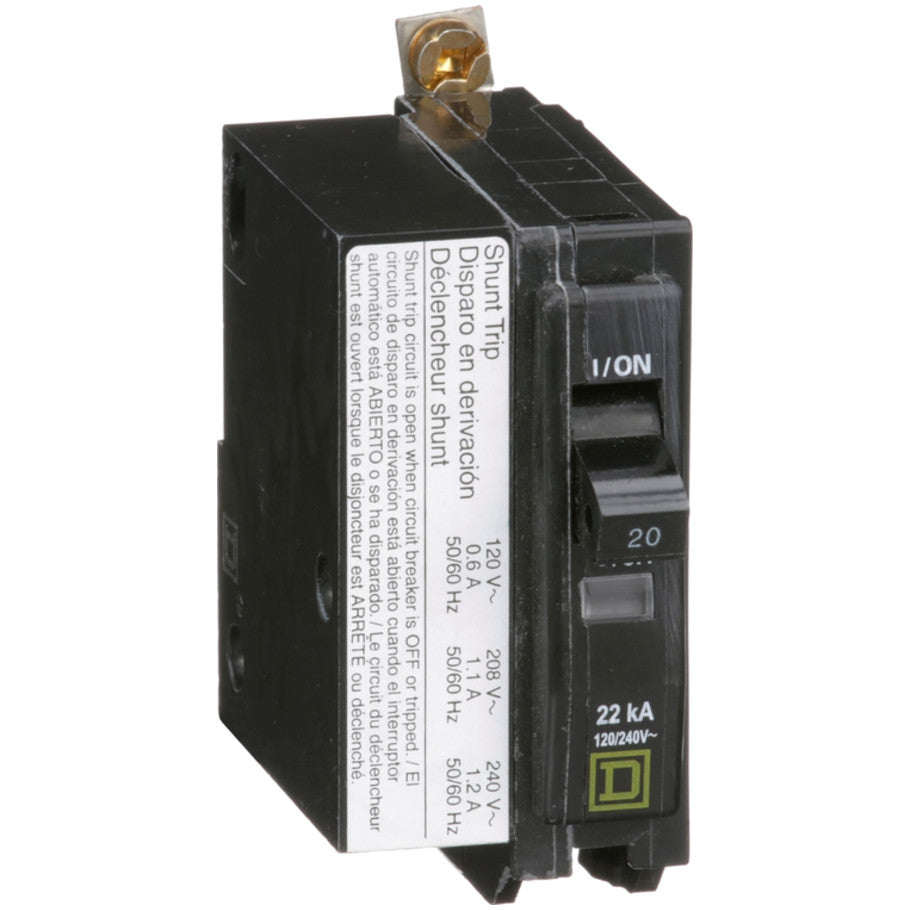 Mini circuit breaker, QO, 20A, 1 pole, 120/240VAC, 22kA, bolt on mount, AC shunt