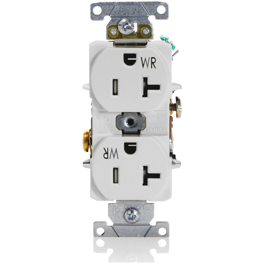 Straight Blade Duplex Receptacle, Tamper-/Weather-Resistant, 20A, 125V, 2P3W, NEMA 5-20R, Self-Grounding, White