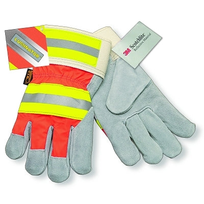 Luminator Leather Palm Gloves, Cowhide/Cotton/Polyester, Large, Brown Hem/Gray/Hi-Vis Orange/Lime/Silver