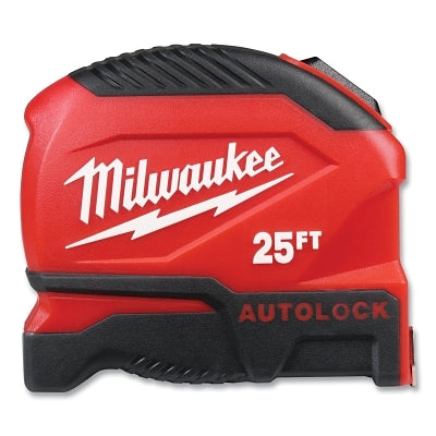Auto-Lock Tape Measure, 25 ft, SAE, 1 in W Blade, Red/Black