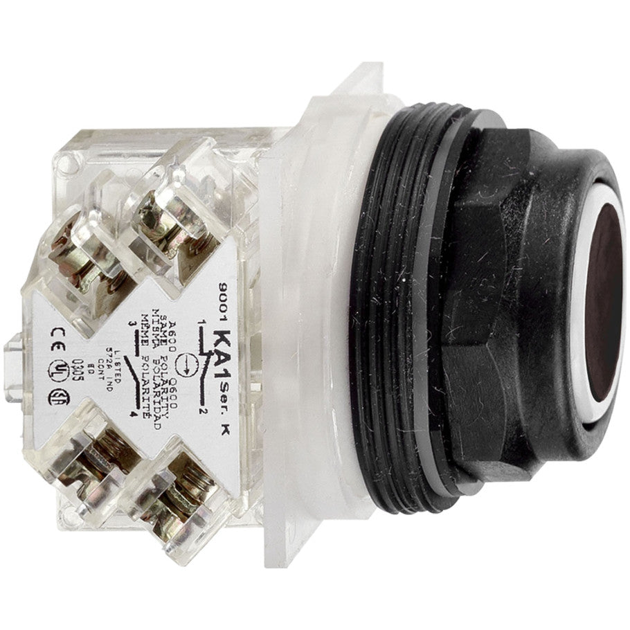 Push button, Harmony 9001SK, plastic, flush, black, 30mm, spring return, 1NO
