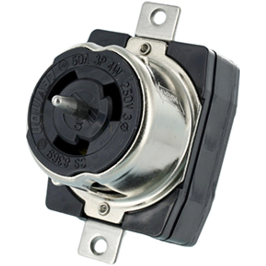 Black and White Flush-Mount Locking Receptacle, Non-NEMA, California-Style, 50A, 3-Phase, 250V, Nylon