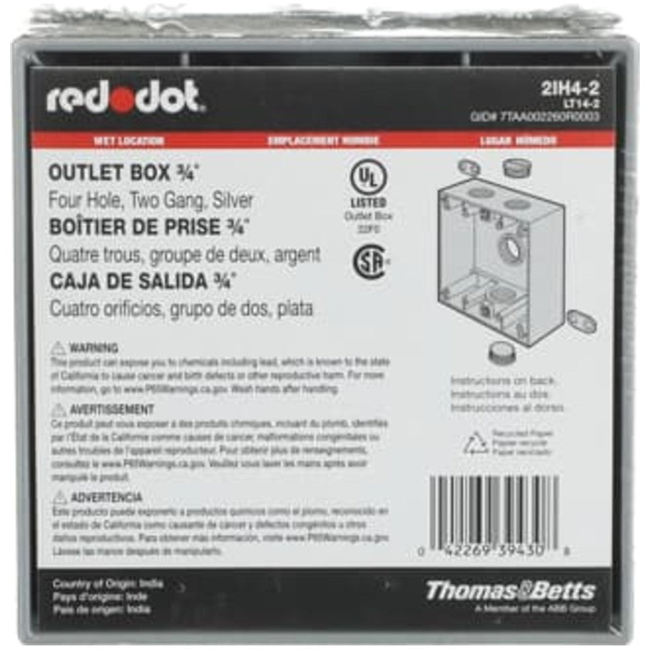 Red-Dot Weatherproof Box, Aluminum Die Cast, (4) 3/4 in. Threaded Hubs, 2-Gang, 2-1/16 in. Deep