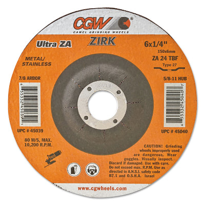 Depressed Center Wheel, Type 27, 9 in Dia, 1/4 in Thick, 24 Grit, Zirconia Alum Oxide