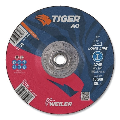Tiger AO Grinding Wheel, 6 in dia x 1/4 in Thick, 5/8 in-11 UNC Arbor, A24R, Type 27