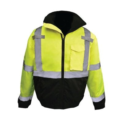 SJ11QB High Visibility Weatherproof Bomber Jacket with Quilted Built-in Liner, Hi-Vis Green, Black Bottom, 2X
