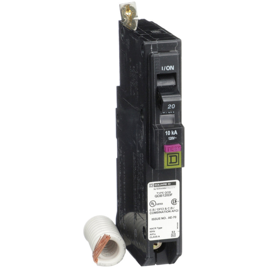 Mini circuit breaker, QO, 20A, 1 pole, 120VAC, 10kA, bolt on, dual function, pigtail  TAA