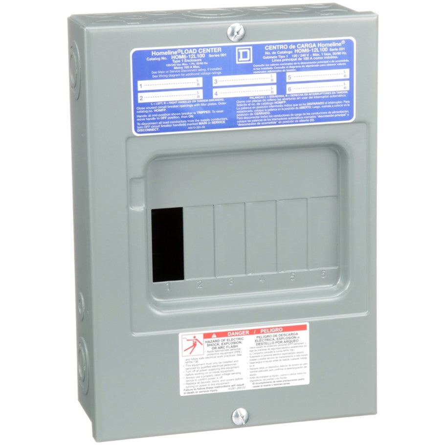 Homeline with Surface Cover, 100A Fixed Main Lug, 1-Phase, 6-Space, 12-Circuit, NEMA 1