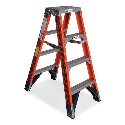 Fiberglass Twin Stepladder, T7404, Type IAA, 4 ft L, 8 ft Reach, 21.5 in W, 375 lb Load Capacity Per Side, Orange
