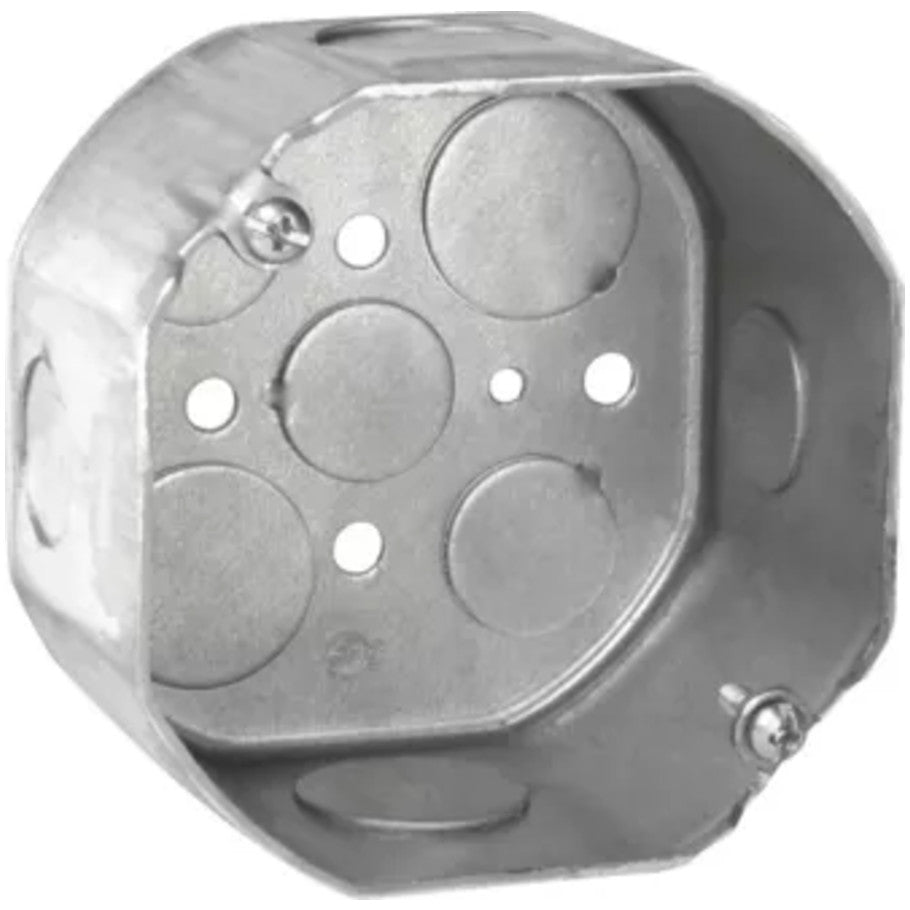 Octagon 4 in. Dia. Outlet Box, Steel, Fixture Rated, 2-1/8 in. D, (2) 1/2   (2) 3/4 in. Side KO, (3) 1/2   (2) 3/4 in. Bottom KO