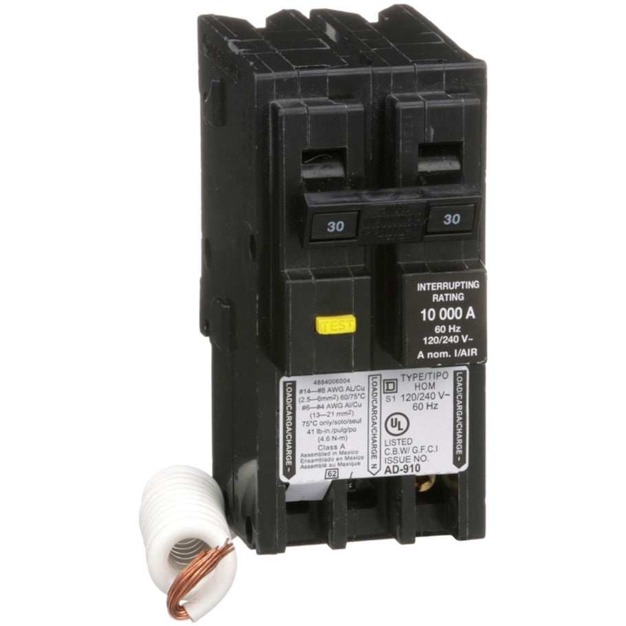 Mini circuit breaker, Homeline, 30A, 2 pole, 120/240VAC, 10kA AIR, ground fault class A, plug in, UL  TAA