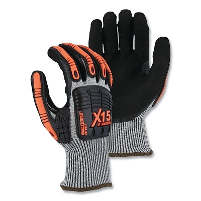 Knucklehead X-15 Cut-Resistant Gloves, Large, Gray/Orange with Black Coating
