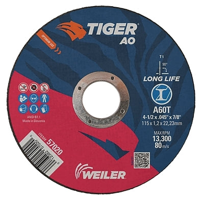 Tiger AO Cutting Wheel, 4-1/2 in dia x 0.045 in Thick, 7/8 in Arbor, A60T, Type 1