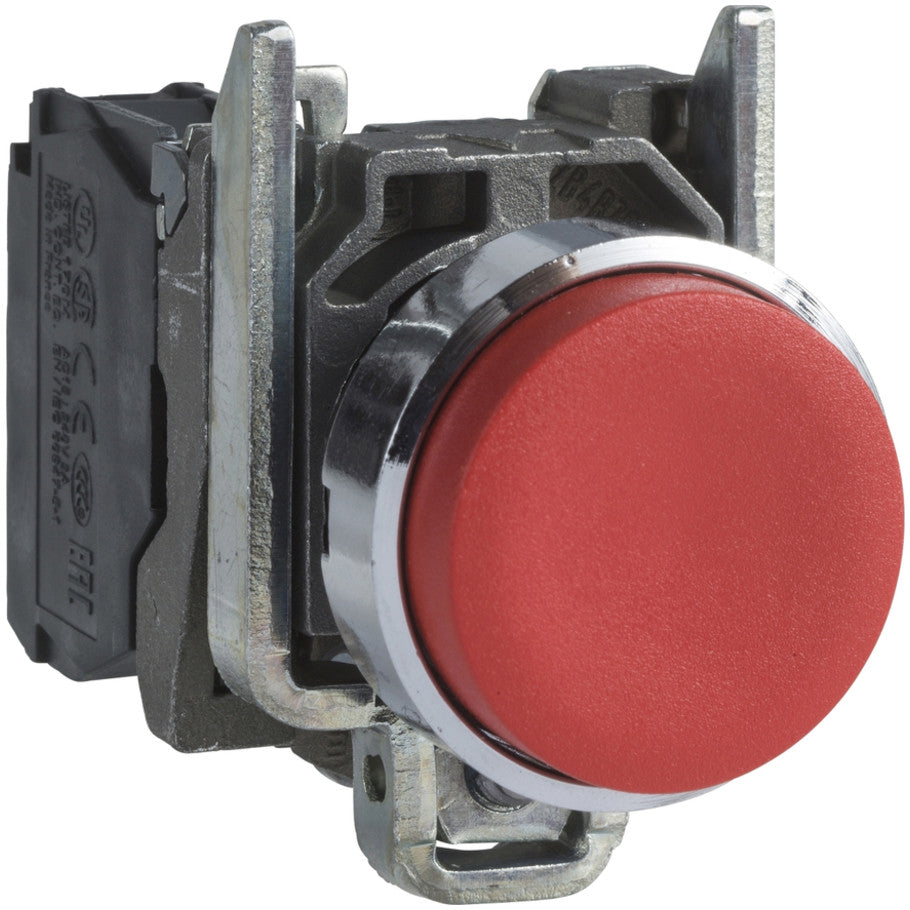 Push button, Harmony XB4, metal, projecting, red, 22mm, spring return, unmarked, 1NC